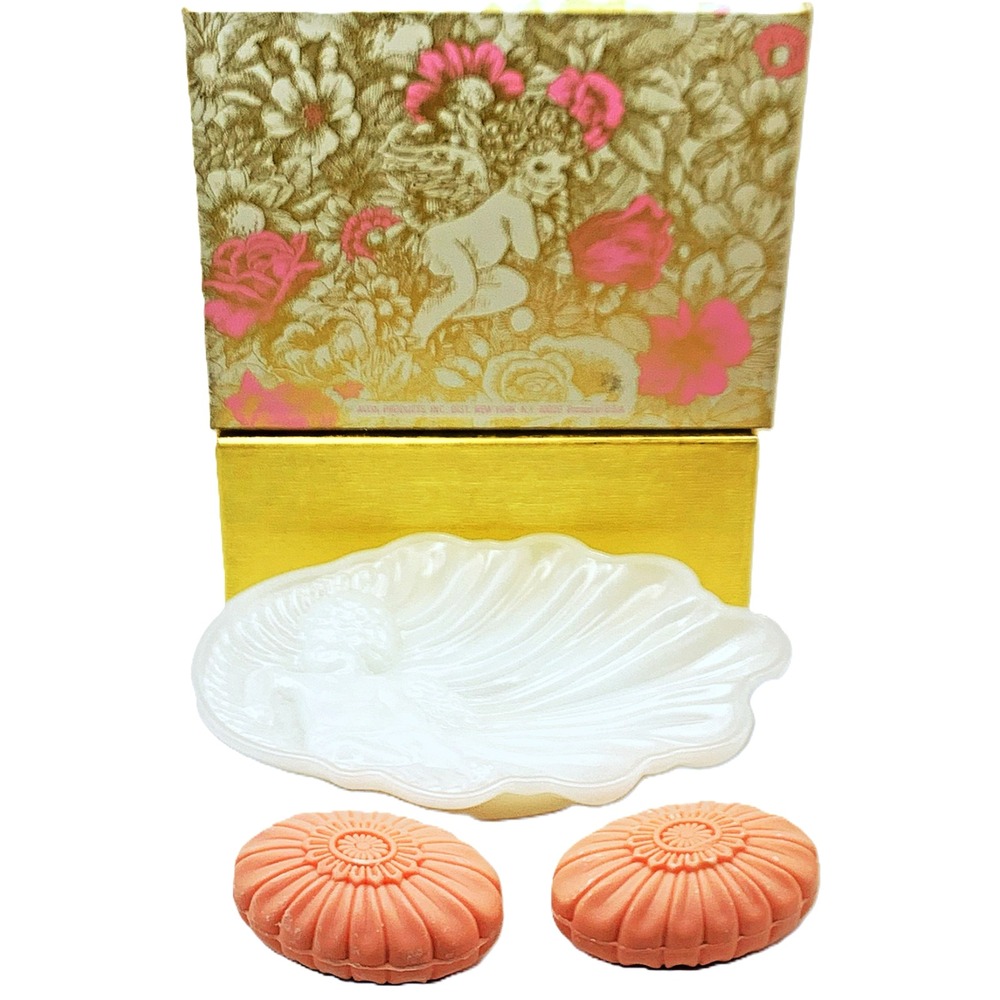 Vtg Milk Glass ANGEL CHERUB "Heavenly" Soap Dish w/ Soaps, Gift Box 70s Avon NOS